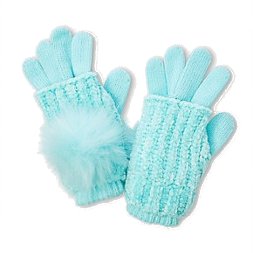 Justice Girls Aqua Chenille  Pompom 2 in 1 Knit Gloves